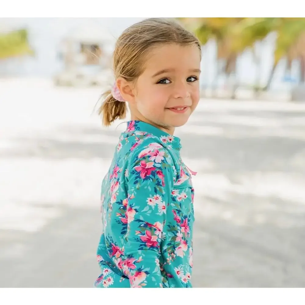 Girls Fancy Me Floral Long Sleeve Zipper Rash Guard Swim Top Size 8 EUC